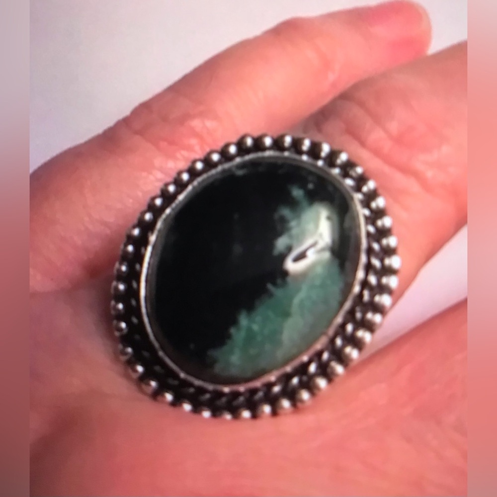 Moss Agate Stamped 925 Sterling Silver Ring